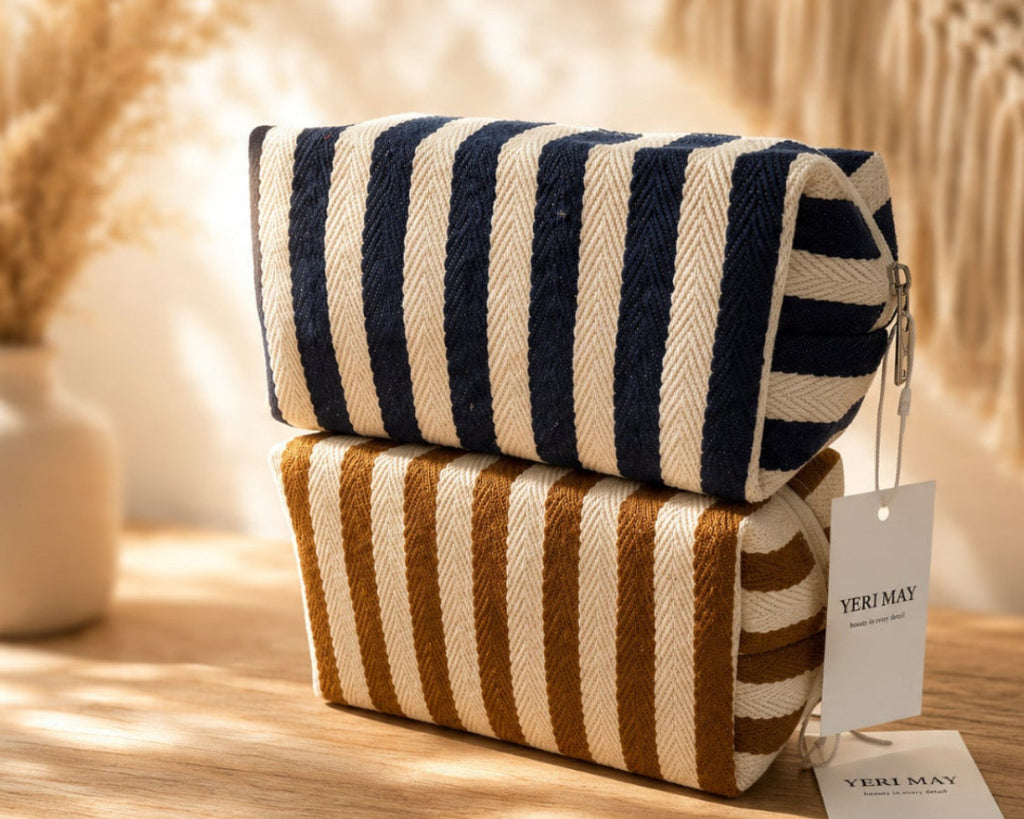 Striped Canvas Pouch in navy and tan by Yeri May