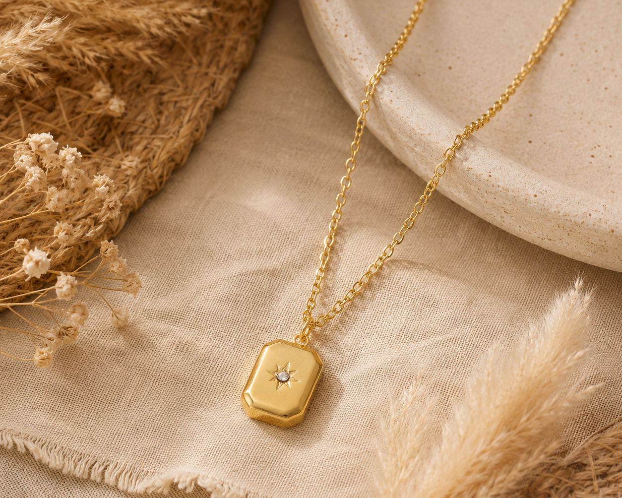 Gold Star Locket Necklace