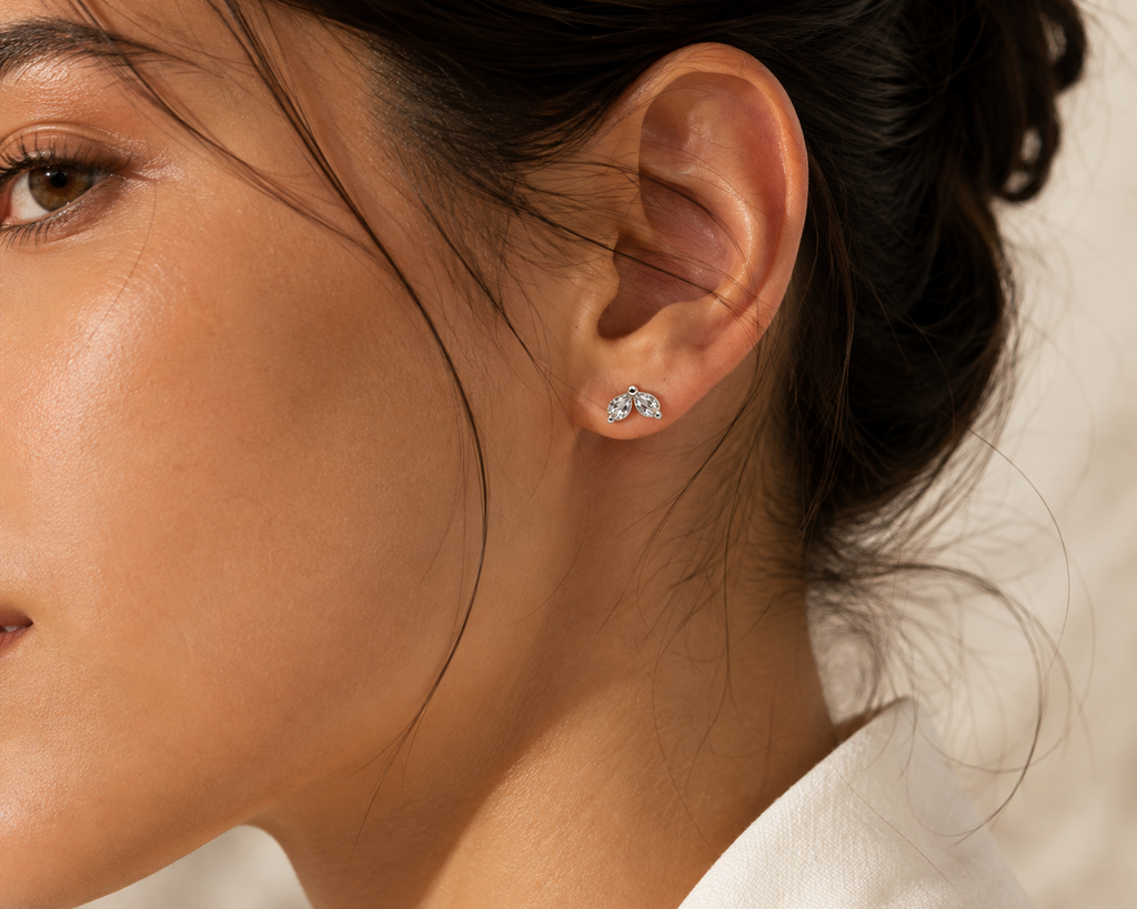 Silver Crystal Leaf Stud