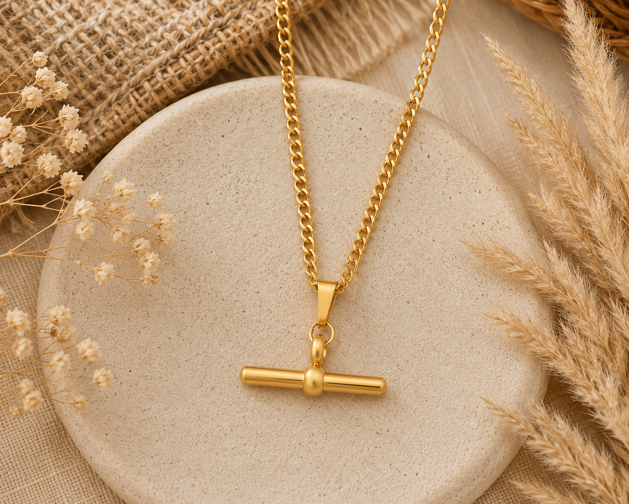 Gold T-bar pendant necklace on a fine curb chain, styled on a stone disc with pampas grass