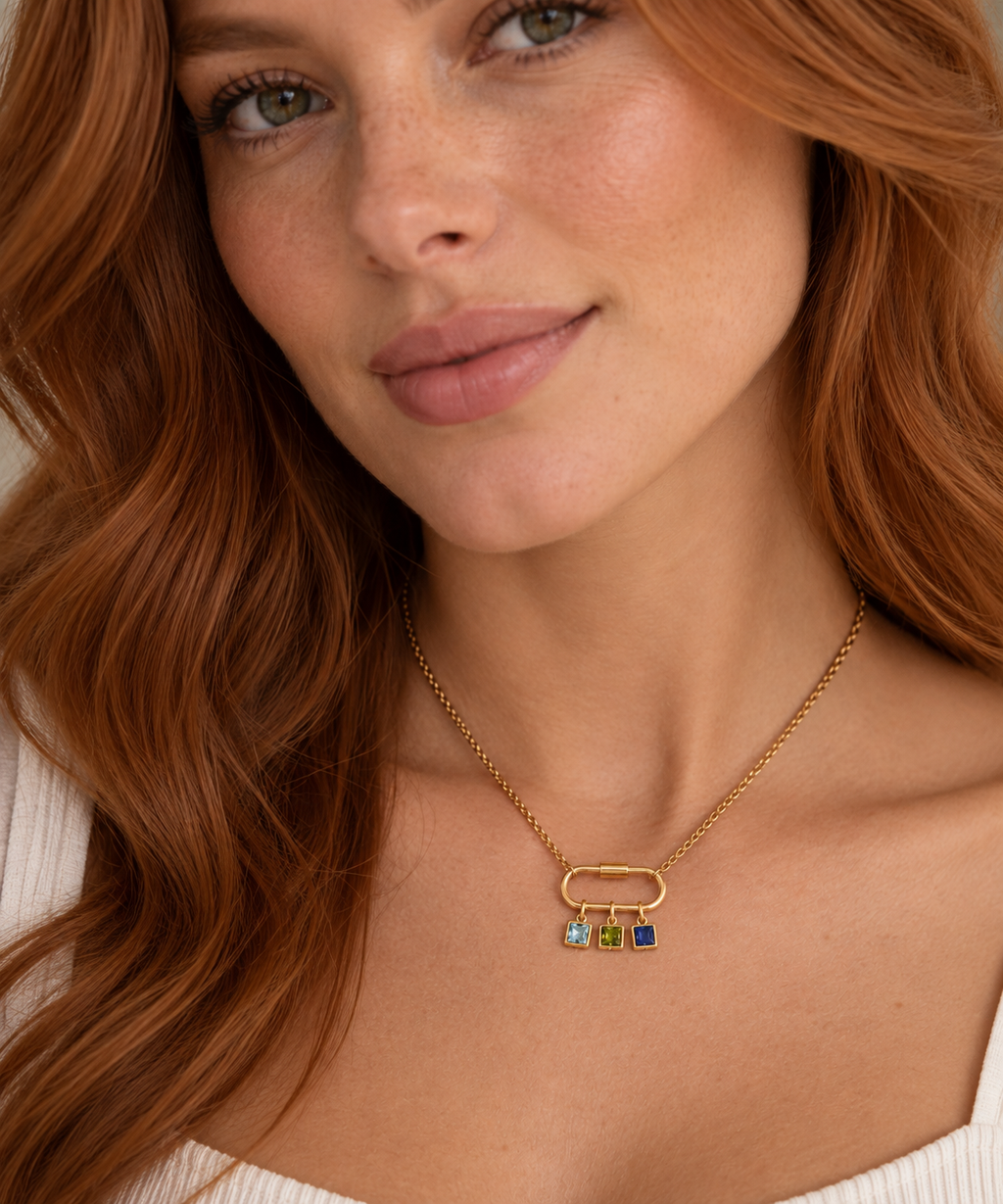Golden Oval Paper Clip Chain Birthstone Necklace