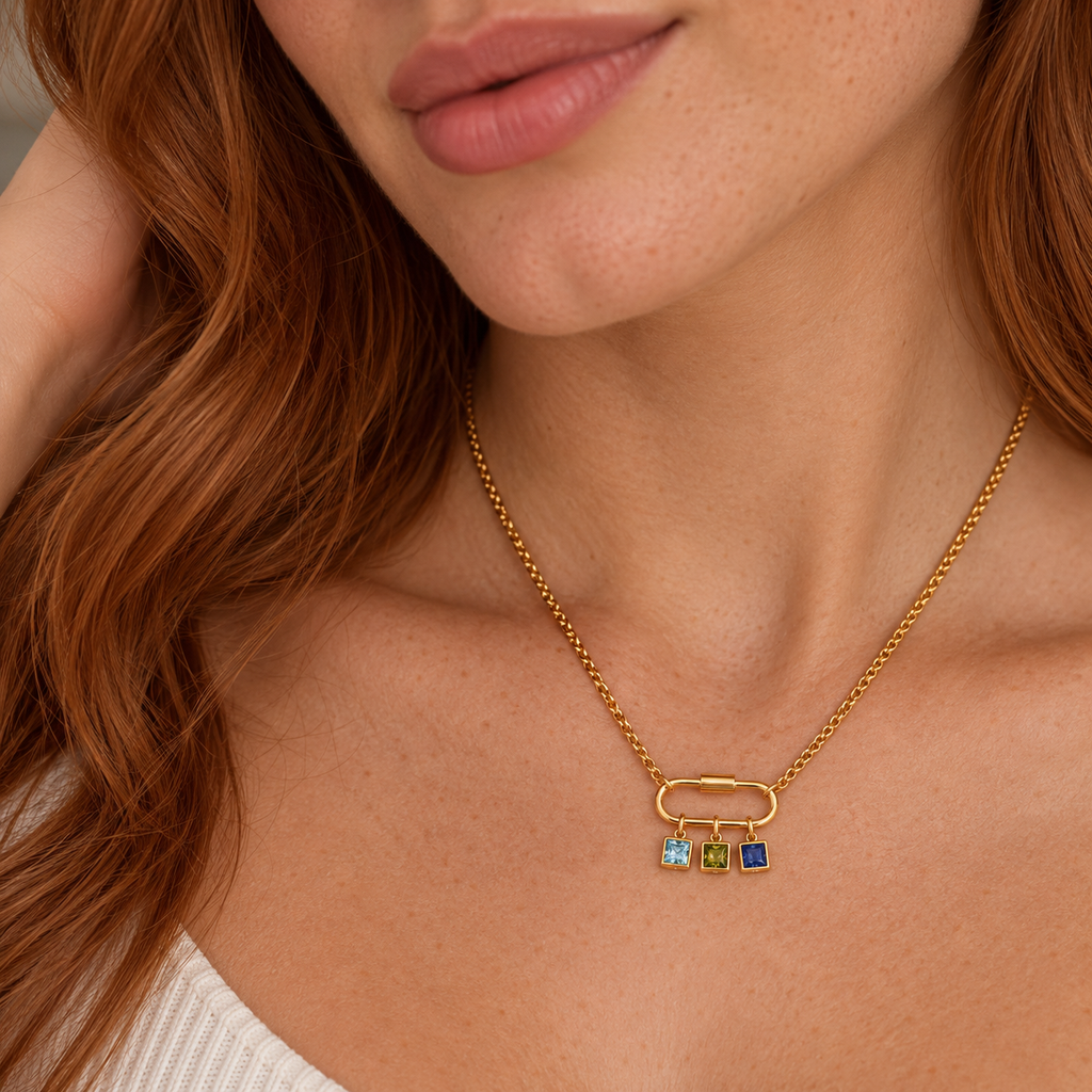 Golden Oval Paper Clip Chain Birthstone Necklace