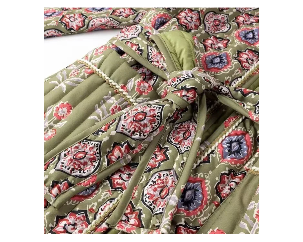 Sage green quilted jacket belt tie detail
