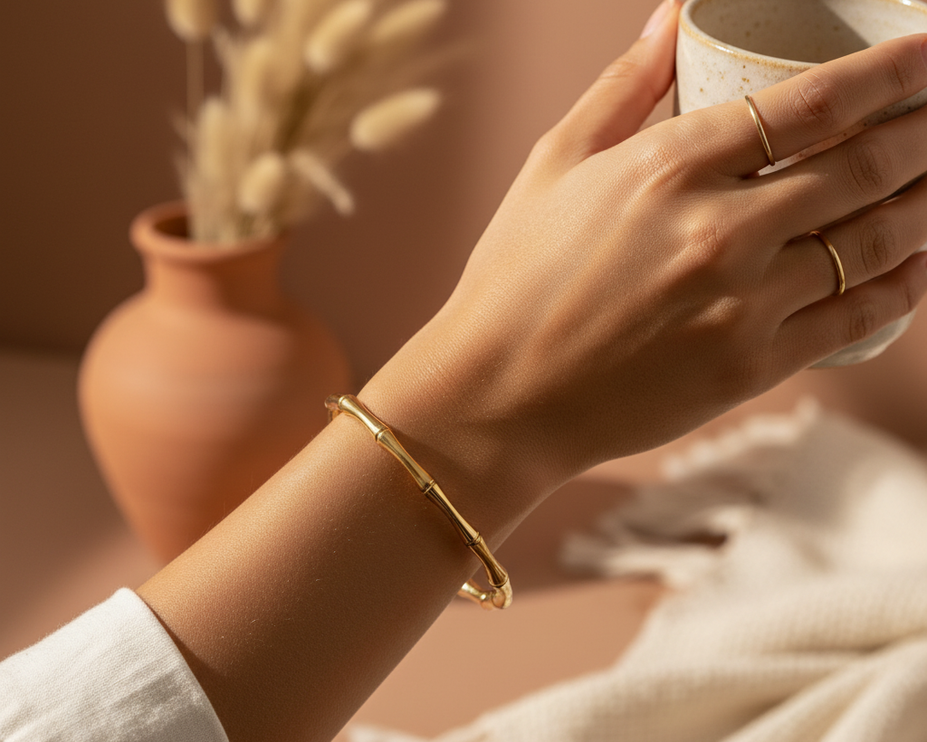 Aurora Bamboo Gold Cuff Bangle – Model Wrist Shot