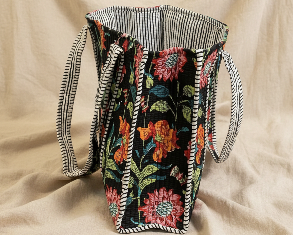 Black Floral Tote - Open Top