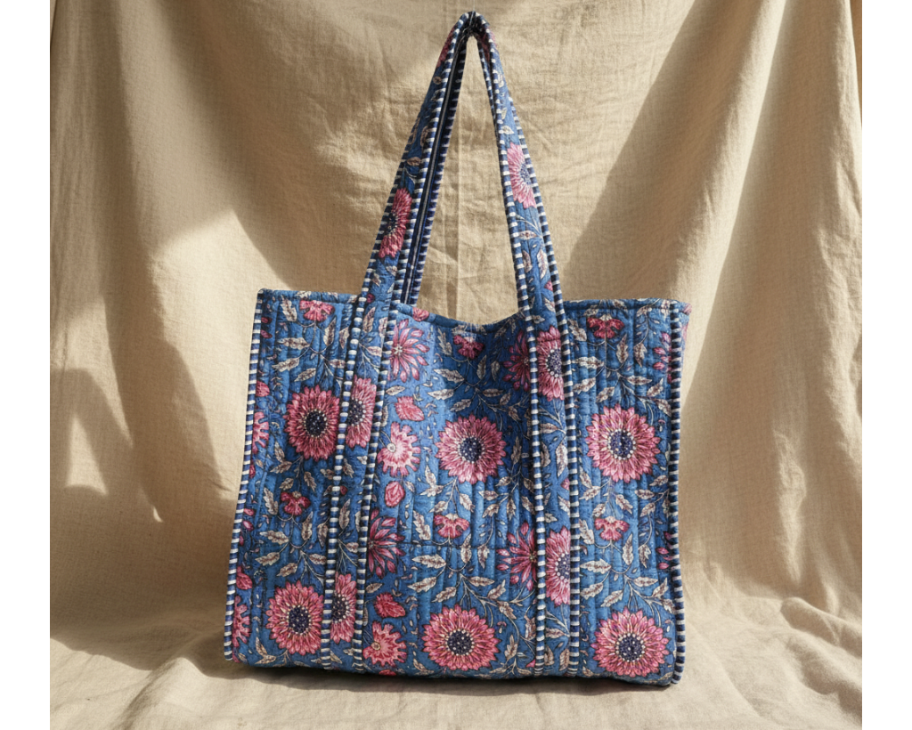 Blue Pink Floral Tote - Front
