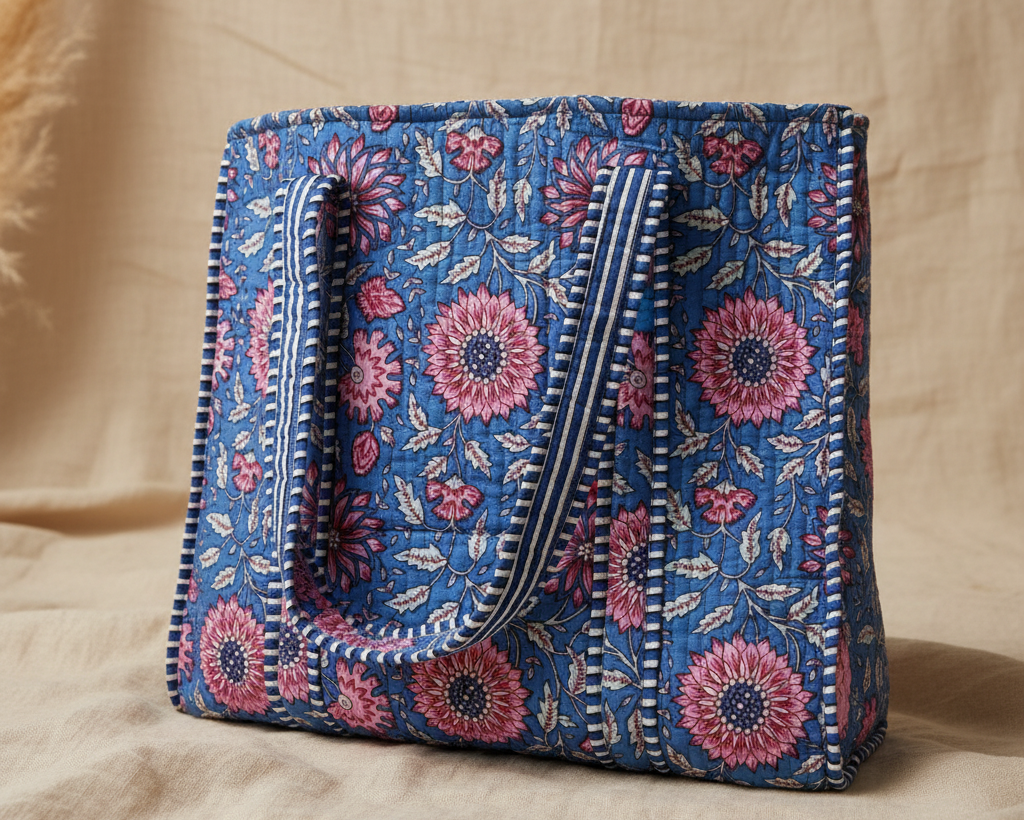 Blue Pink Floral Tote - Top