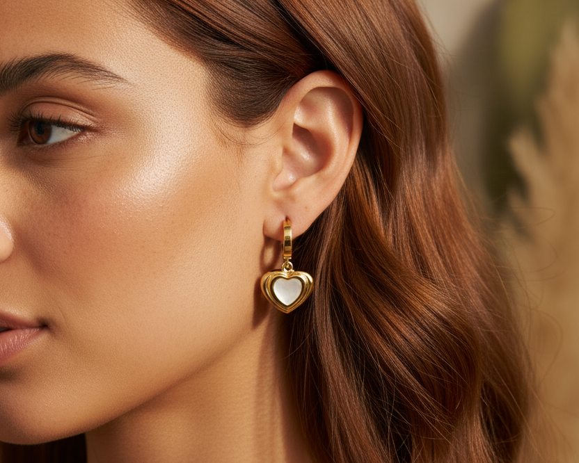 Different model wearing Gold Open Heart Drop Earrings