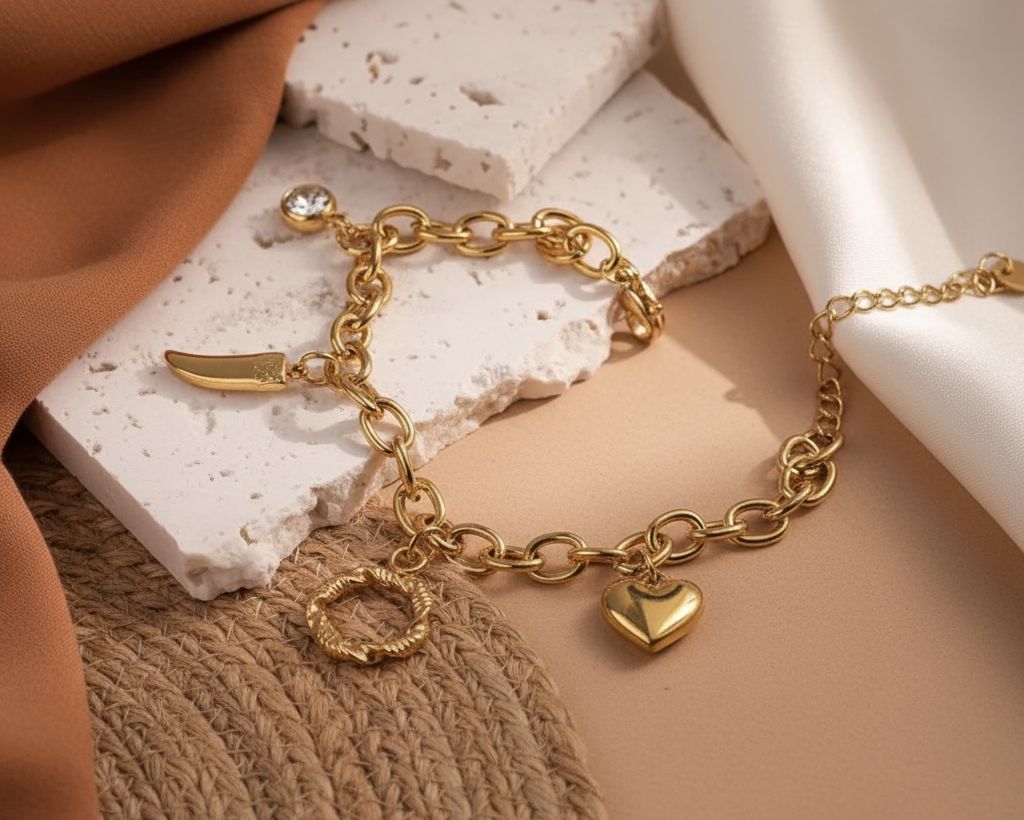 Gold charm bracelet – boho background