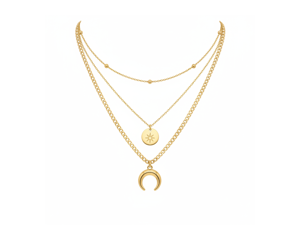 Gold Moon Coin Necklace – Pure White Background