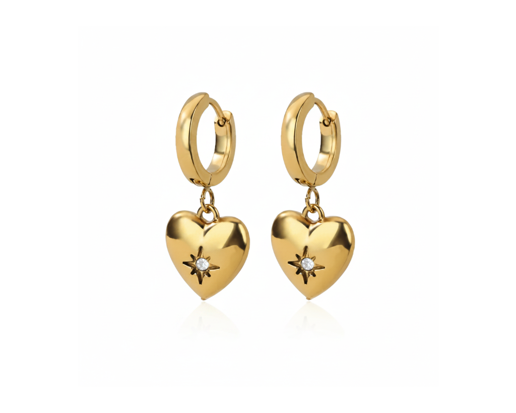 Gold Puffy Heart Huggie Earrings White Background