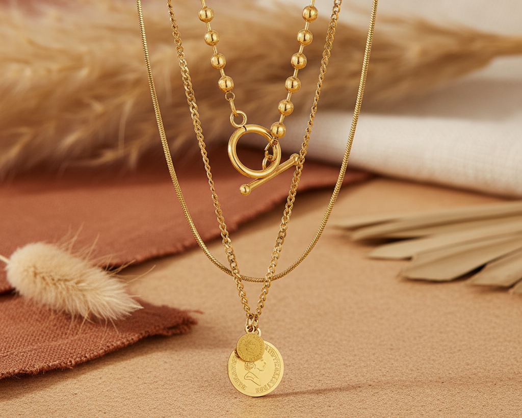 Triple layer gold necklace on boho earthy background