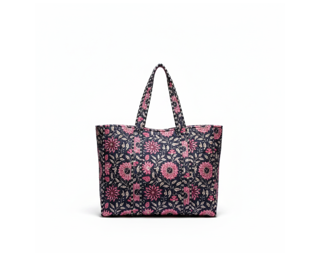 Kantha Floral Tote Boho on pure white background