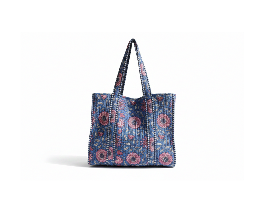 Quilted Kantha floral tote bag in dusty blue and pink on pure white background