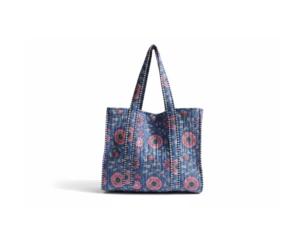 Quilted Kantha floral tote bag in dusty blue and pink on pure white background