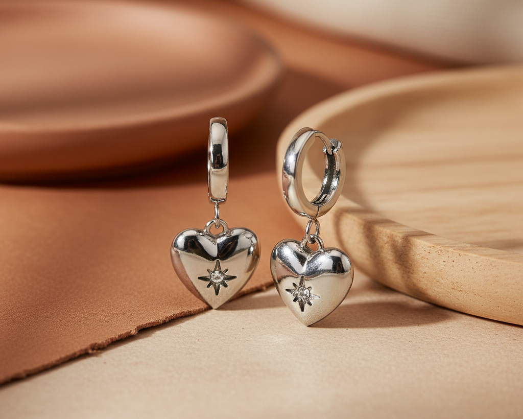 Silver heart huggie earrings on boho background
