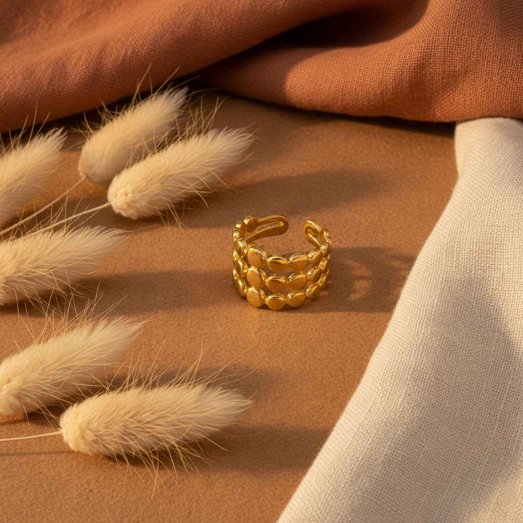 Triple layer gold bubble open ring on boho background with pampas grass and terracotta fabric