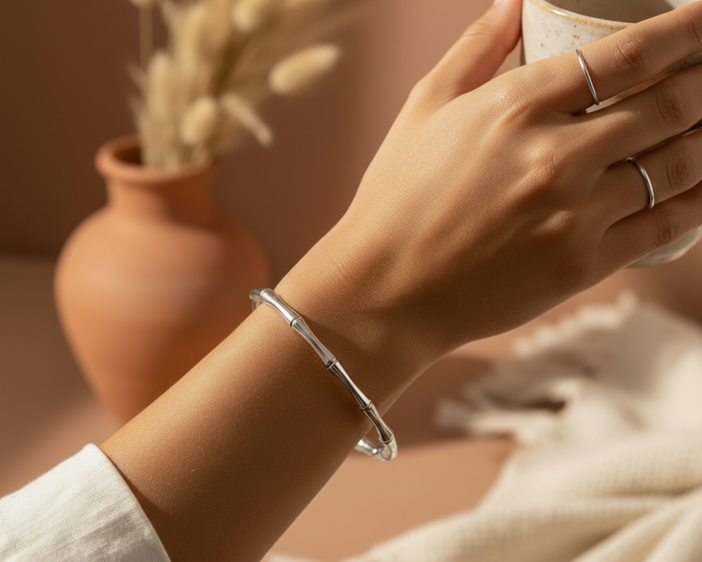 Aurora Silver Bangle lifestyle wrist shot