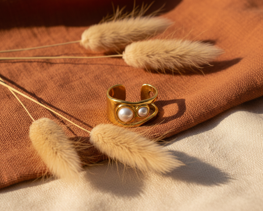 Gold open cuff ring with pearl inlay on boho background with pampas grass and terracotta fabric