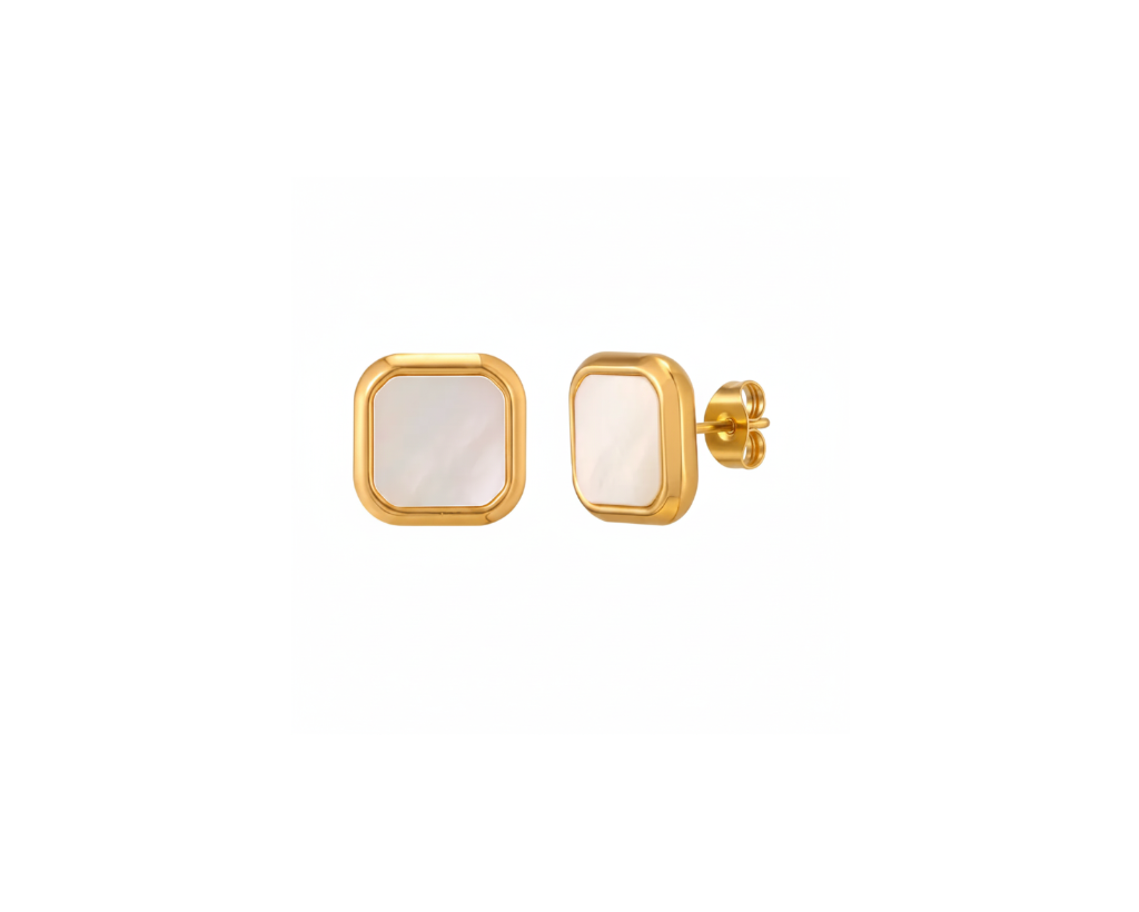 Square shell stud earrings on pure white background