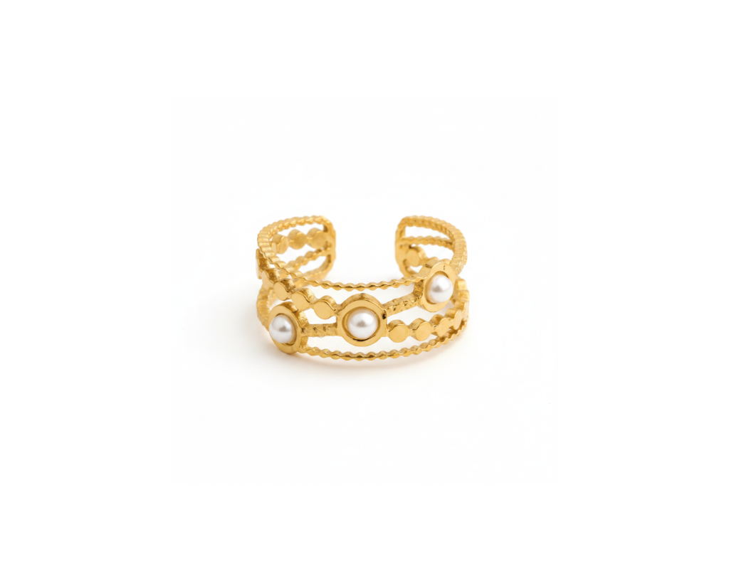 Three Pearl Gold Cuff Ring on pure white background
