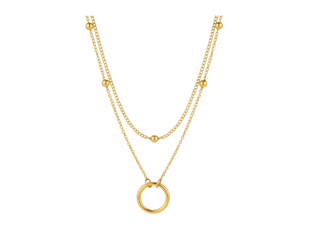 Gold Satellite Circle Necklace on pure white background