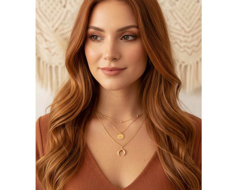 Model wearing Gold Moon Coin layered necklace set