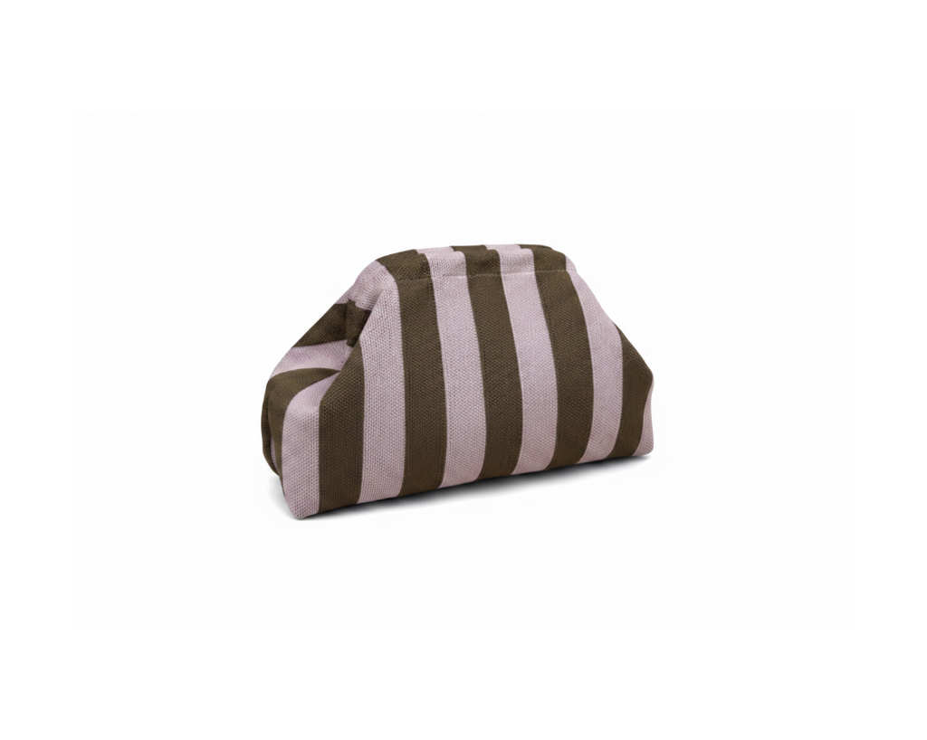 Striped knit cosmetic clutch bag on pure white background