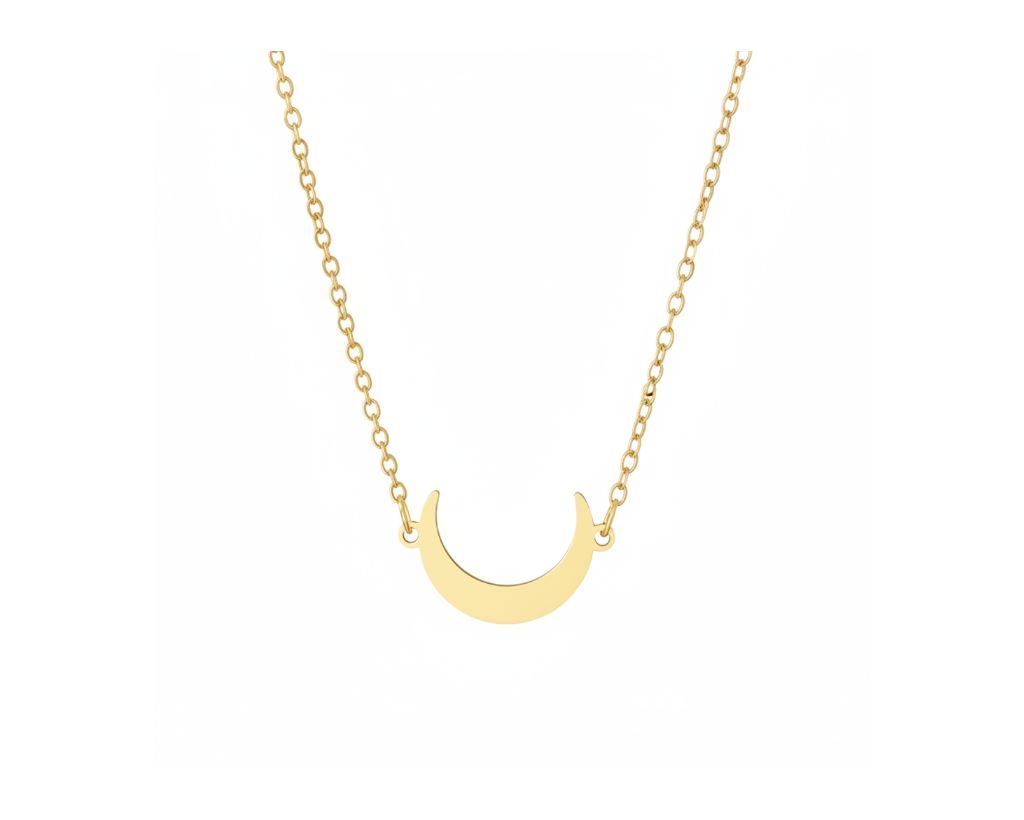 Gold Crescent Moon Pendant Necklace on pure white background