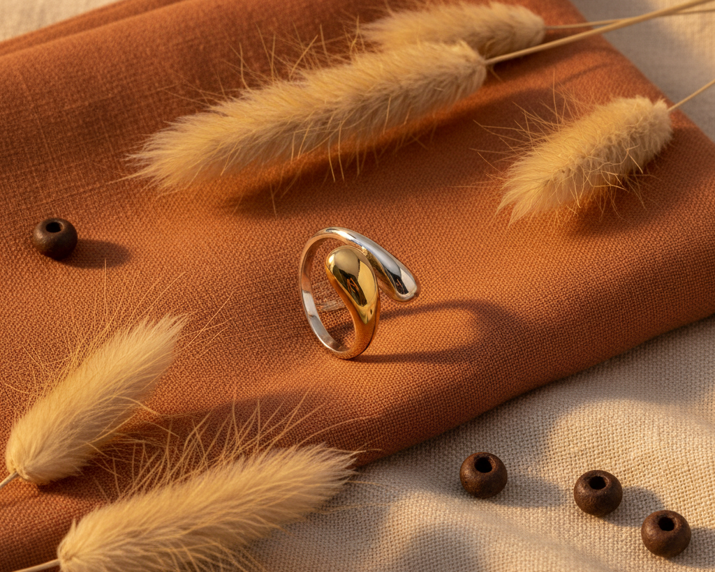 Two-tone gold and silver geometric open ring on boho background with pampas grass and terracotta fabric