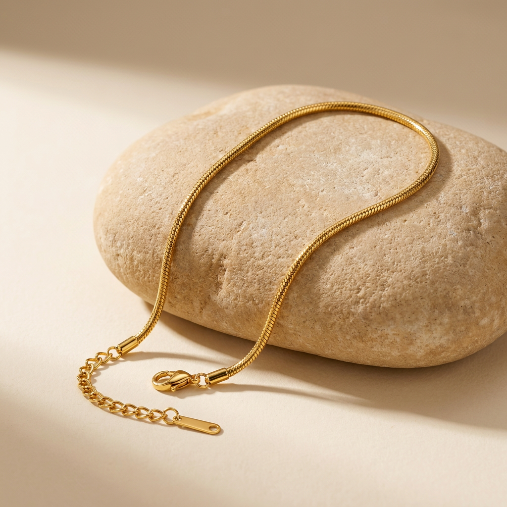 Gold snake chain bracelet styled over a natural beige rock