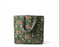 Quilted Kantha tote bag in green with red lotus print on pure white background