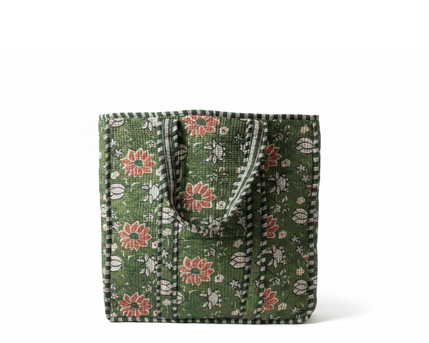 Quilted Kantha tote bag in green with red lotus print on pure white background