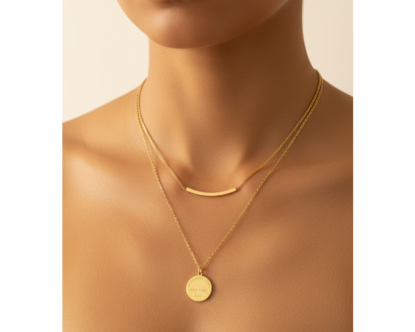 Model wearing Layered Geo Bar and Coin Necklace set
