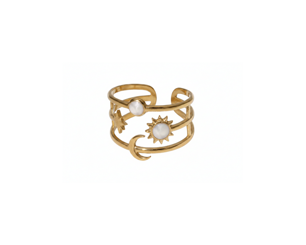 Celestial sun moon star cuff ring on pure white background