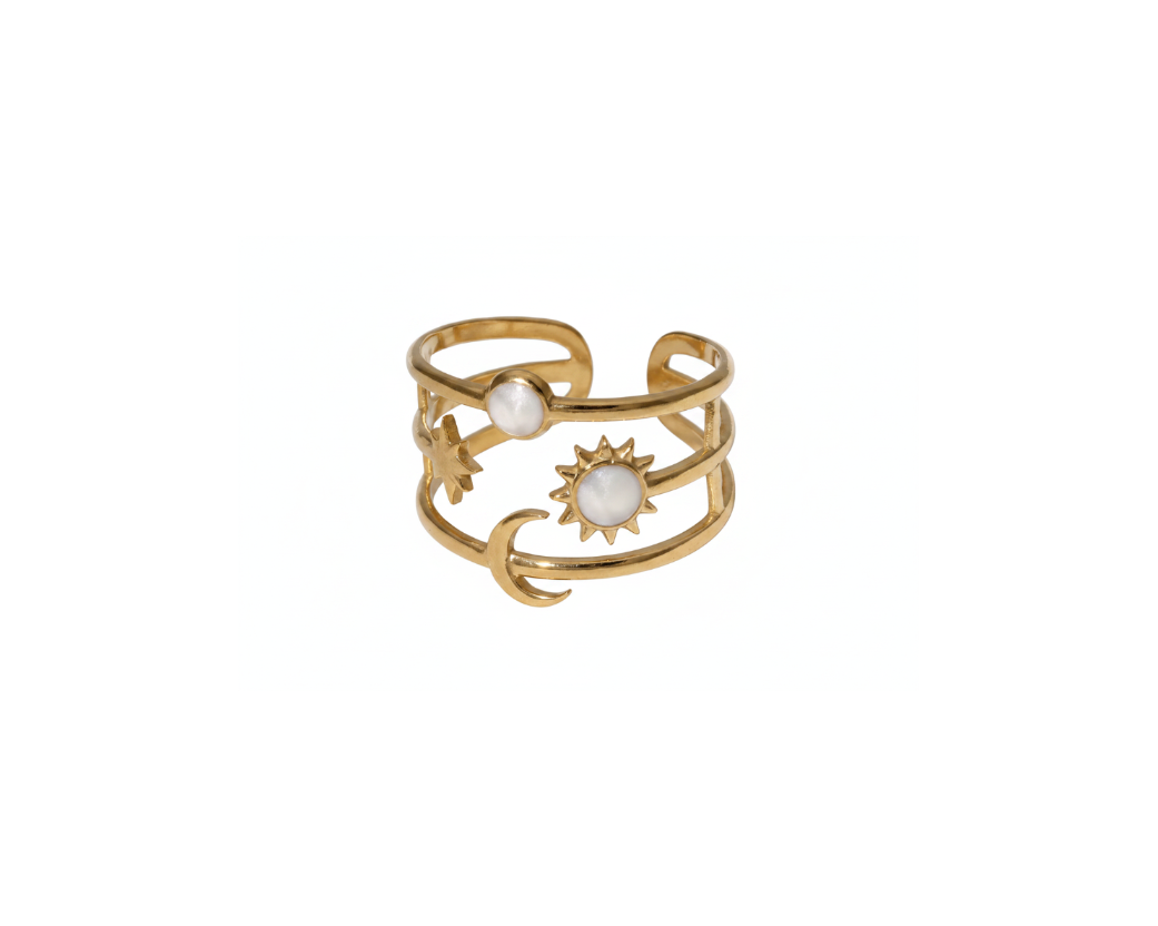 Celestial sun moon star cuff ring on pure white background