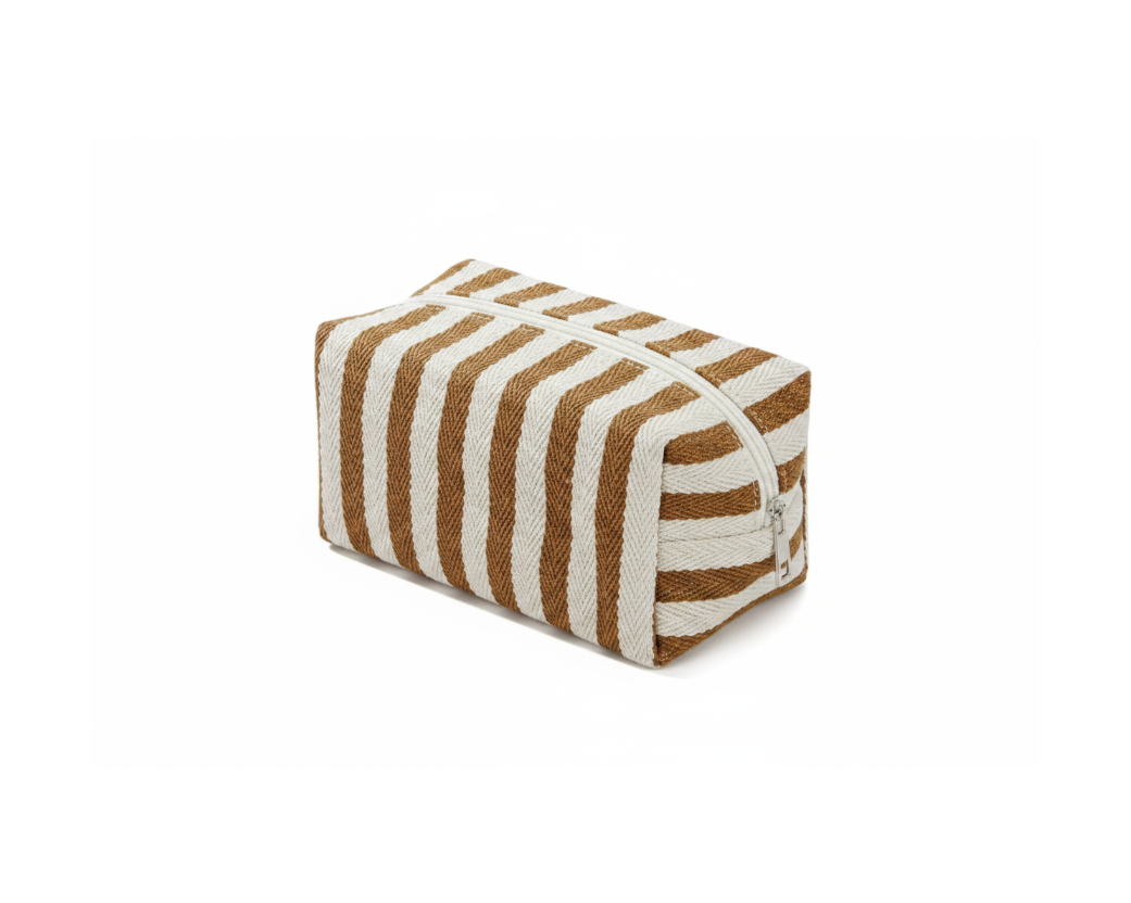 Striped canvas zip pouch in tan and cream on pure white background