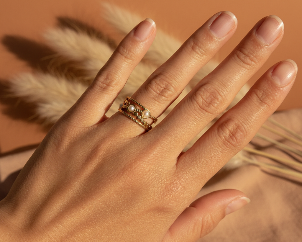 Three Pearl Gold Cuff Ring worn on hand with boho terracotta background