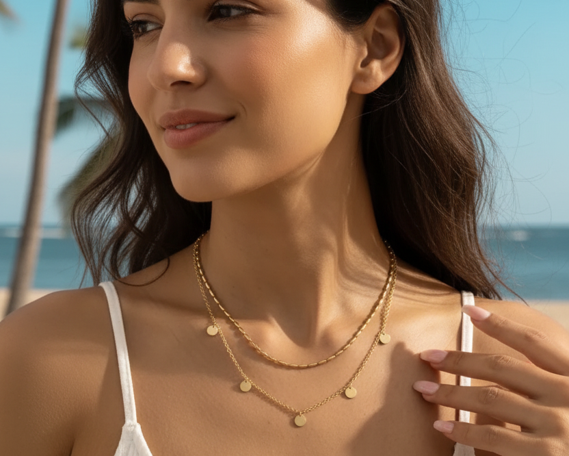 Model wearing Bud Gold Double Layer Circle Charm Necklace at beach