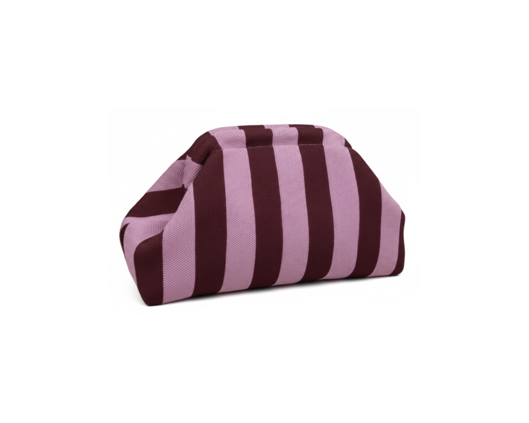 Striped knit clutch bag in pink and burgundy on pure white background