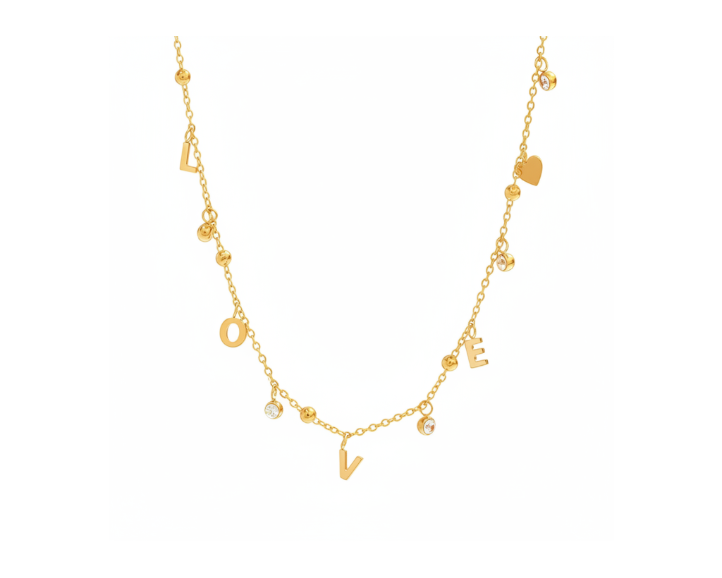 LOVE charm necklace on pure white background
