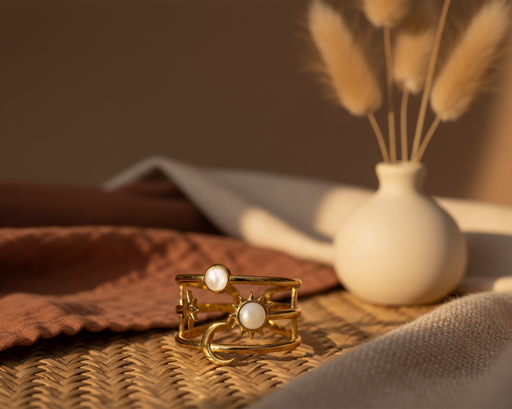 Celestial sun moon star cuff ring styled on boho earthy background