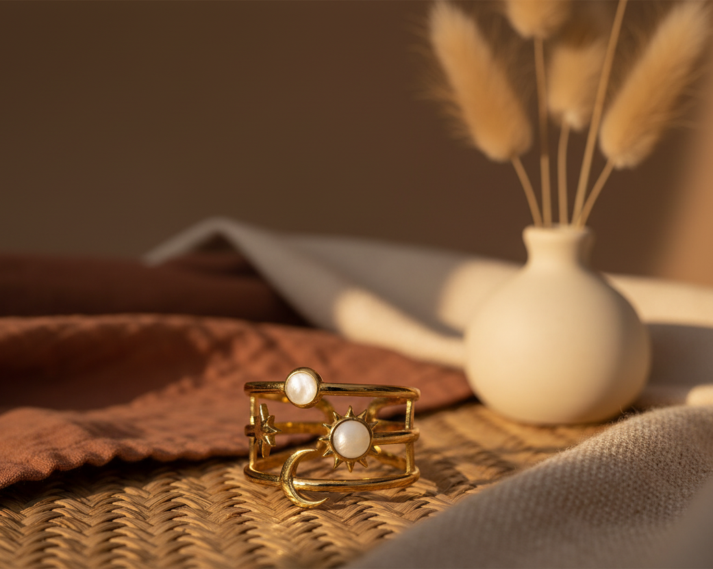 Celestial sun moon star cuff ring styled on boho earthy background