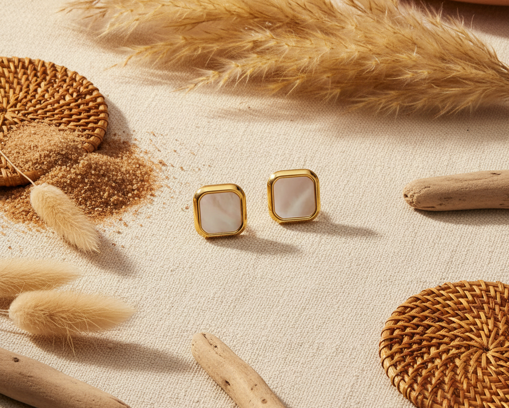 Square shell stud earrings on boho lifestyle background