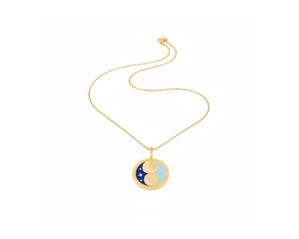 Sun Moon Yin Necklace on pure white background