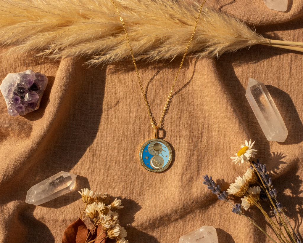 Sun Moon Yin Yang Pendant Necklace boho lifestyle flat lay