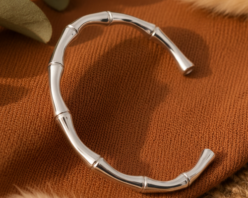Aurora Bamboo Silver Cuff Bangle - boho lifestyle shot