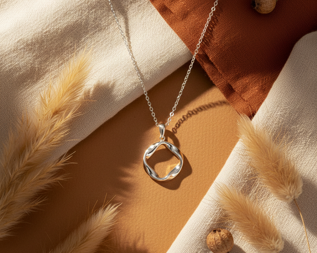 Silver Möbius circle pendant necklace on boho background with pampas grass and terracotta fabric