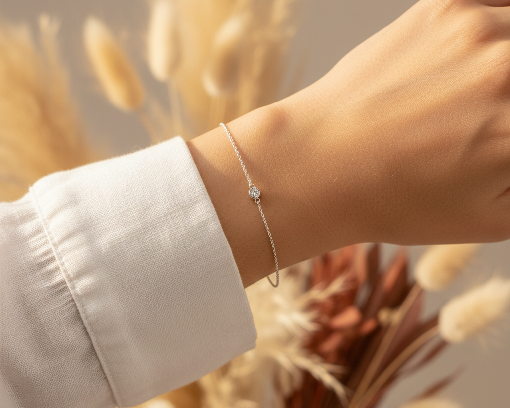 Silver Solitaire Bracelet boho lifestyle wrist shot