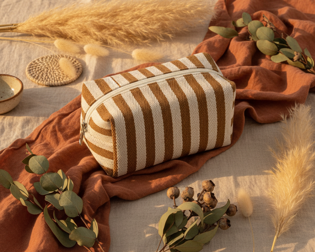 Striped Canvas Pouch tan and cream - boho background